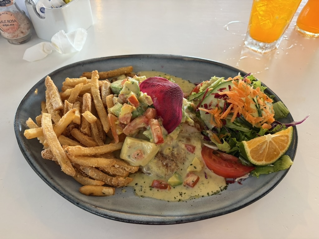 Fish with sauce and fries at Rain Forest Restaurant